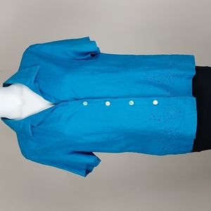 Vintage Linen Button Down Blouse in Teal Blue